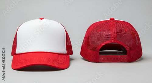 Studio shot of a red and white trucker cap showing front and back views for apparel branding