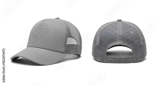 A blank gray trucker hat mockup showing front and back angles with mesh fabric and snapback closure for apparel design presentation