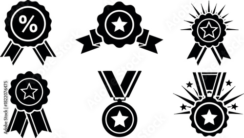 Award medals with star and percent symbols in black vector illustration set for achievement and recognition design