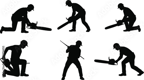 Chainsaw operator silhouettes, safety gear, cutting posture, helmet protection, woodwork action, ergonomic stance, forest work, lumberjack tools, industrial cutting, outdoor labor