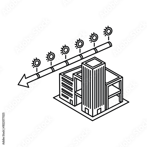 Architectural process illustration with building and gear workflow
