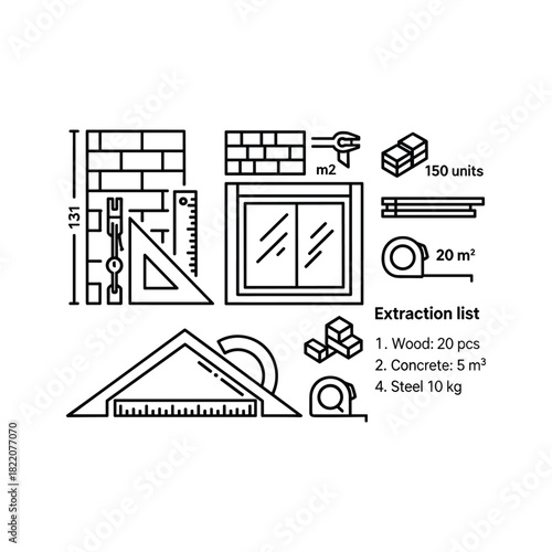 Construction and building materials planning icons set with measurements.