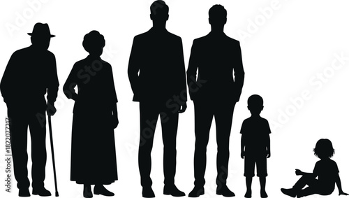 Human life stages, aging process, silhouette figures, generational evolution, toddler to elderly, family growth, age diversity, timeline concept, people development, aging journey