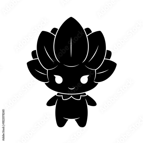 Adorable black flower creature vector icon with large layered petals and glowing white eyes isolated on white background