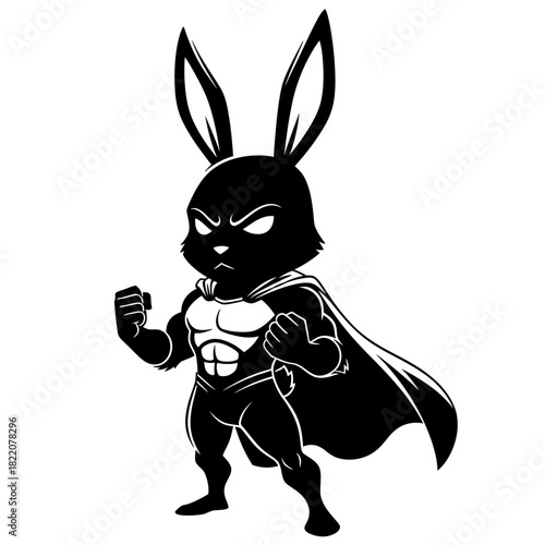 Black superhero rabbit character vector mascot standing heroically with cape and muscular chest isolated on white background
