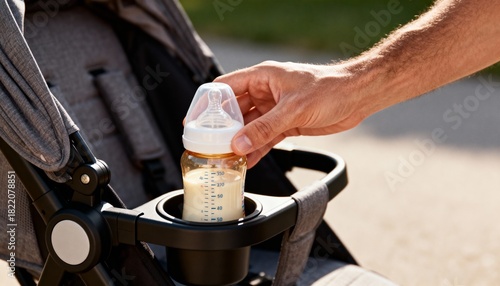 Fototapeta Naklejka Na Ścianę i Meble -  father placing baby milk bottle in stroller cup holder on sunny day in park