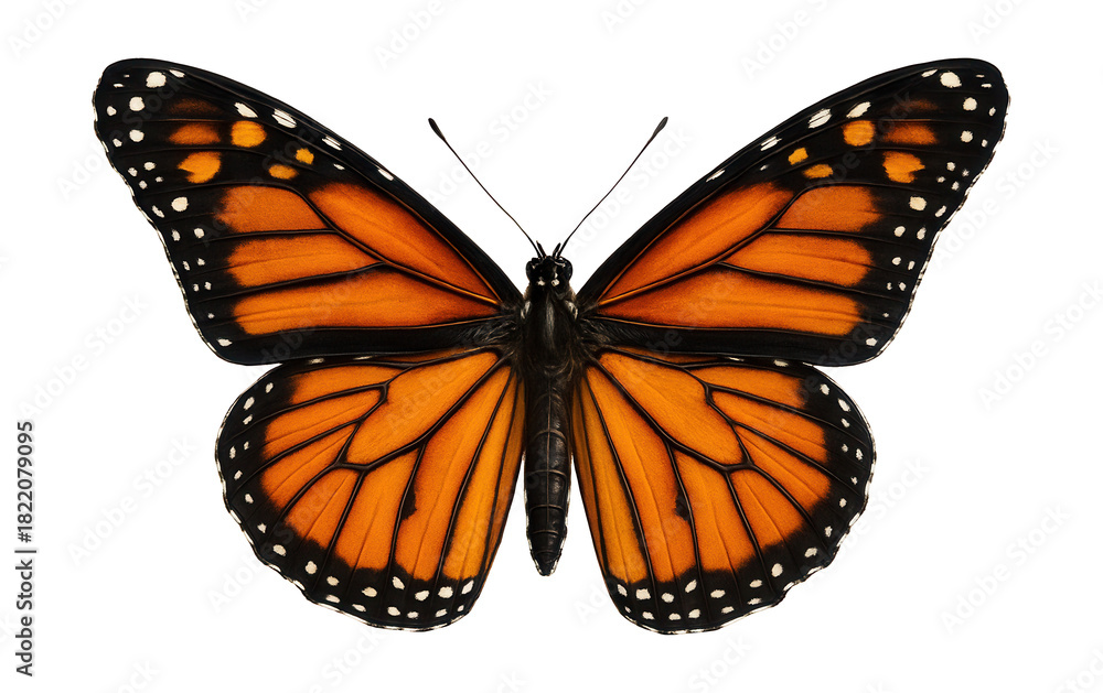 Fototapeta premium Orange and black patterned wings of a monarch butterfly displayed wide.