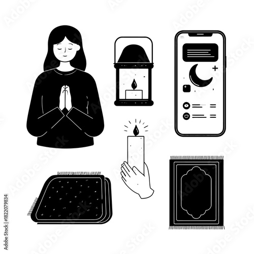 Religious elements and technology illustration in black and white