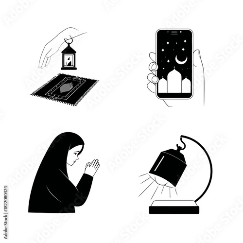 Islamic symbols and illustrations in black and white for design