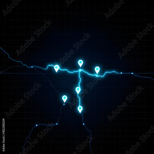 Minimal Navigation Map UI with Glowing Route Line and Waypoints, Grid Background