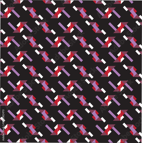 Vibrant geometric abstract patterns featuring colorful angular shapes, repeating tessellated motifs, dynamic diagonal forms, and contrasting palettes across three unique modern design variation