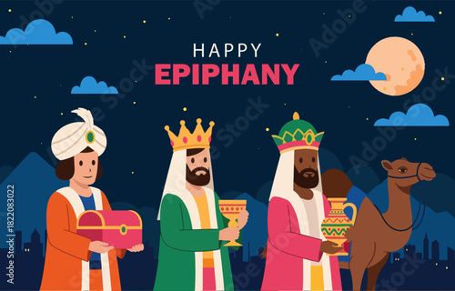 Fotografie Happy Epiphany Holiday Illustration Three Kings with Gifts and Camel