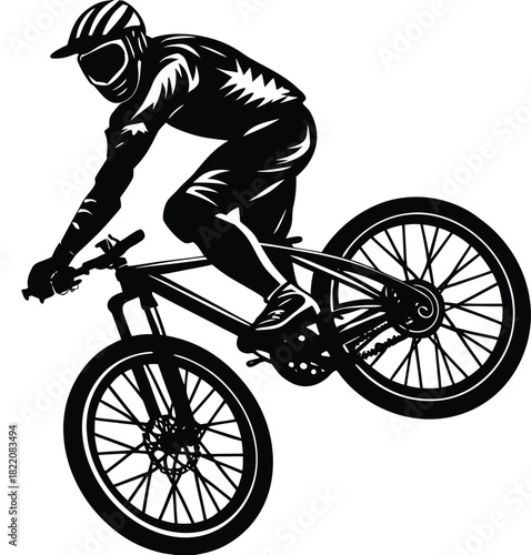 Mountain biker jumping silhouette vector featuring an action-packed downhill stunt pose. Perfect for sports graphics, outdoor adventure designs, extreme cycling themes, posters, and logos.