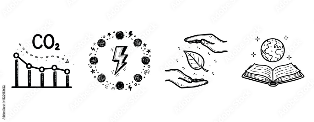 Fototapeta premium Environmental symbols: co2 reduction, renewable energy, conservation, earth and book illustration