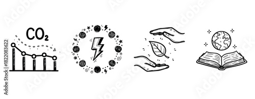 Environmental symbols: co2 reduction, renewable energy, conservation, earth and book illustration