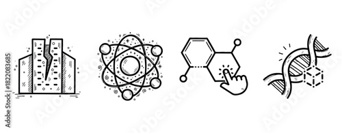 Line art science icons: laboratory, atomic structure, molecular chemistry, dna strand