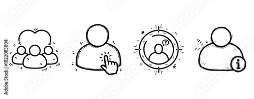 Hand-drawn user interface icons: group, profile, inquiry, info