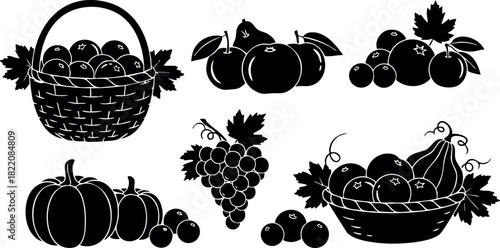 Basket pumpkin grapes apples fruit autumn harvest illustration vector