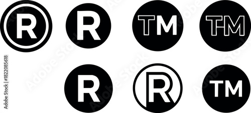 Trademark and registered symbols vector icons black and white design set simple style