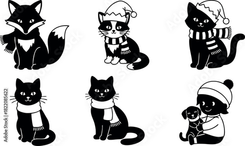Cute black fox and cats in winter hats and scarves sitting with child holding dog vector illustration
