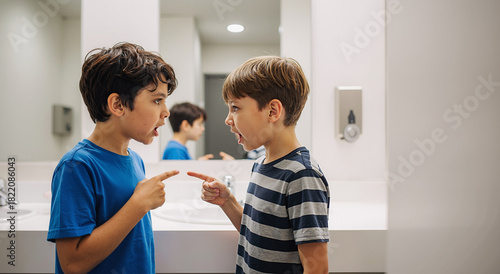 two young boys arguing animatedly in a bright modern bathroom with white walls