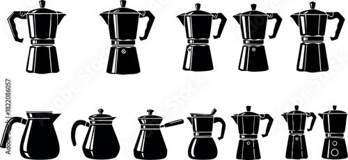 Black moka pot silhouettes coffee makers vector illustration set for brewing espresso cups kitchen utensils collection