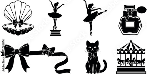 Vintage style vector icons set of shell pearl ballet dancer perfume bow cat carousel illustration collection