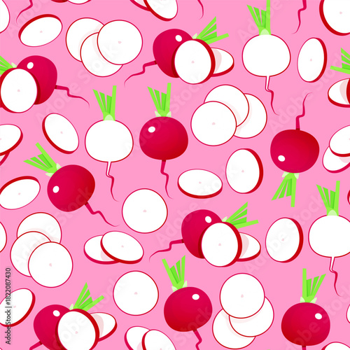Seamless pattern of cut and whole radishes on a pink background