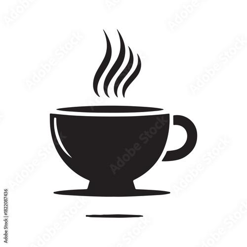 Steaming hot coffee cup with rising aroma, simple black and white illustration