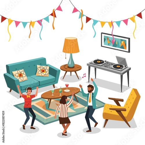 Group of friends dancing and having fun at a retro-themed house party in a stylish living room.