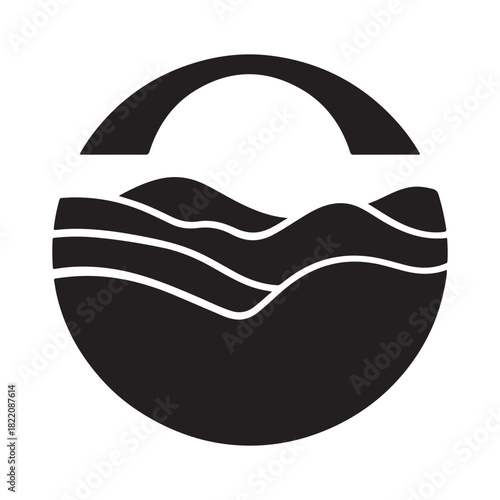 Abstract circular logo representing flowing water and a rising sun.