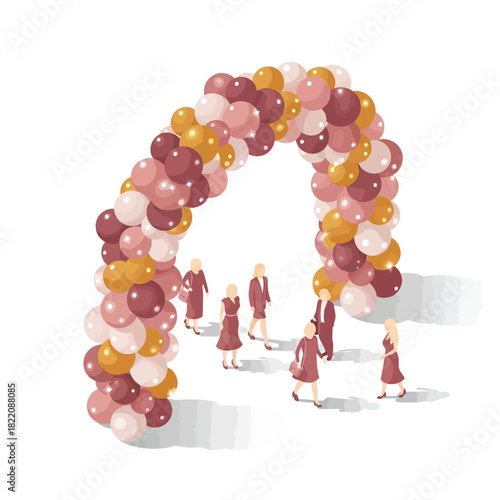 An illustrated group of people, mostly women, walking through a large, festive arch made of colorful balloons.