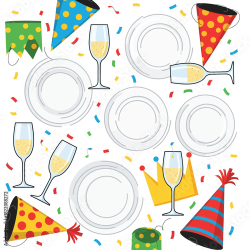 A vibrant overhead flat lay of party essentials including hats, champagne glasses, plates, and confetti, celebrating a festive occasion.