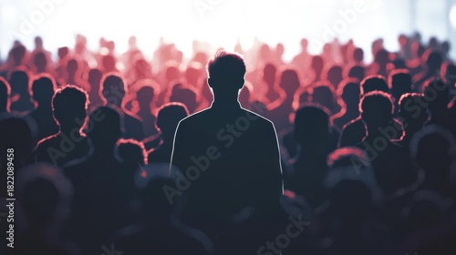 A silhouetted figure stands in front of a large, abstract crowd, capturing the essence of individuality amid togetherness.