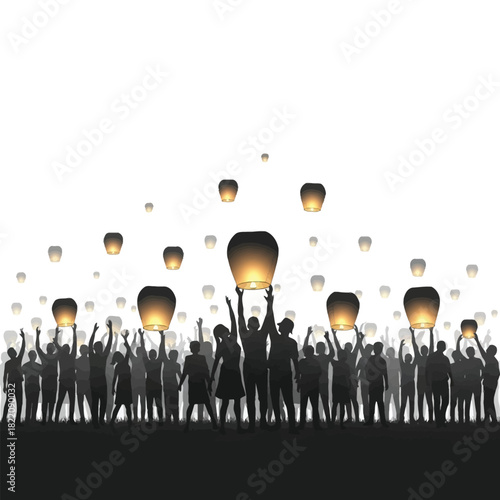 Silhouette of a large crowd of people releasing glowing sky lanterns into the air during a festival or celebration.