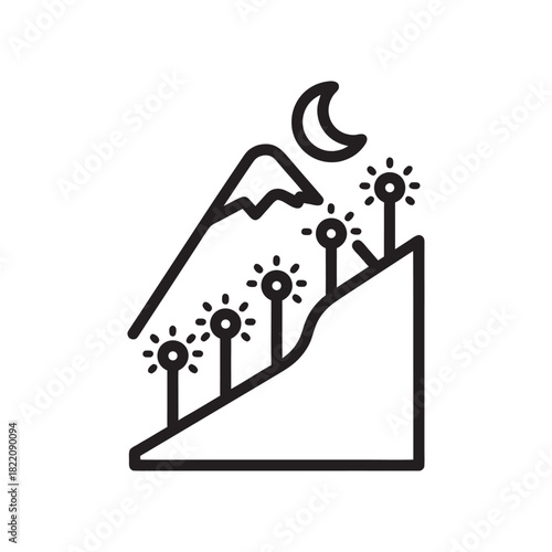 Night ski resort slope with lights and mountain outline black and white vector icon
