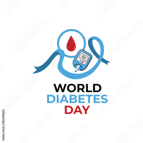 World Diabetes Day Concept, Glucometer, Blue Ribbon & Circle Symbol