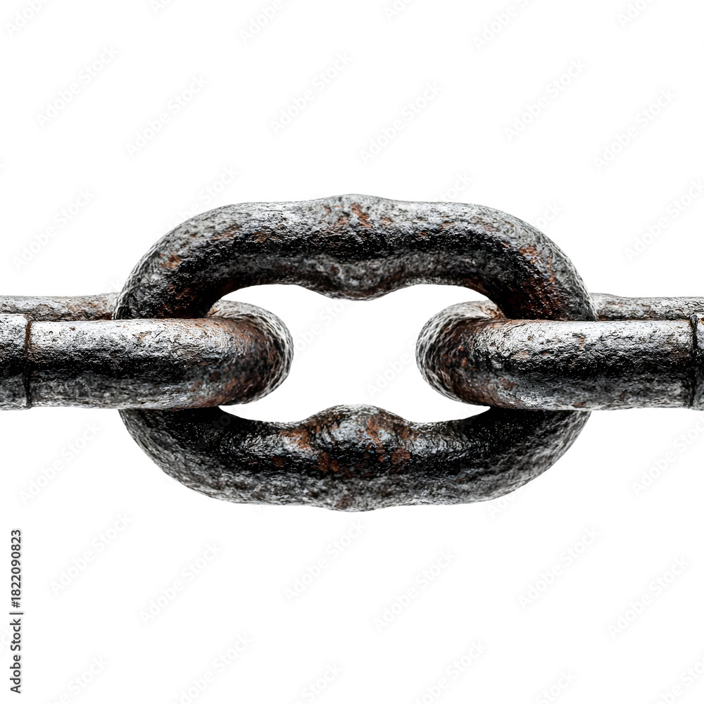 Fototapeta premium Close up of a heavy duty metal chain link with rust and texture isolated on transparent background