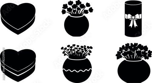 Valentine heart chocolates flower vases gift box romantic love celebration decorations vector illustration