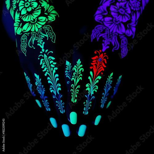 UV Reactive Body Paint on Hands Under Blacklight, Glowing Neon Patterns