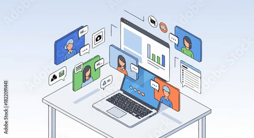 An isometric vector concept of a digital workspace showing remote team collaboration through video conferencing and data analysis