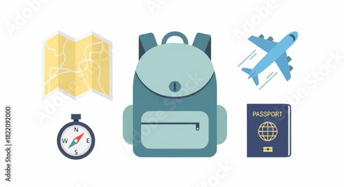 Travel essentials backpack, compass, map, passport, and airplane for your next adventure