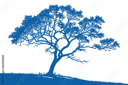 Monochrome blue silhouette of a lone tree with sprawling branches, isolated on a white background for nature and environmental concepts