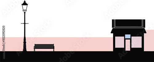 Street furniture and a building facade street scene with small town, shop or city skyline silhouette. Outdoor park with a bus stop area. Storefront main street vector illustration 