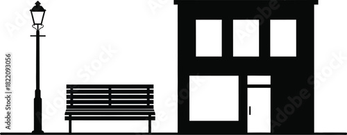 Street furniture and a building facade street scene with small town, shop or city skyline silhouette. Outdoor park with a bus stop area. Storefront main street vector illustration 