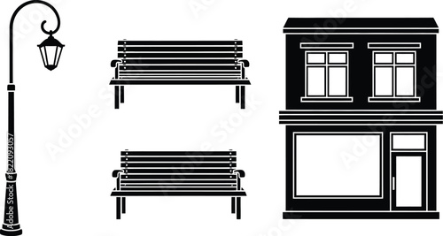 Street furniture and a building facade street scene with small town, shop or city skyline silhouette. Outdoor park with a bus stop area. Storefront main street vector illustration 