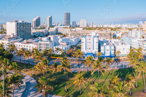 Aerial of Ocean Drive in Miami Beach, Art deco Historic district Florida USA