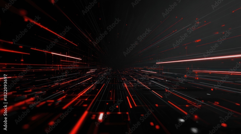 Fototapeta premium Abstract dark tunnel with glowing red light streaks moving fast