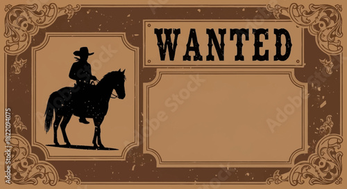 Classic Old West themed poster template featuring a silhouette of a cowboy on horseback, framed by decorative vintage borders, ideal for historical or event announcements
