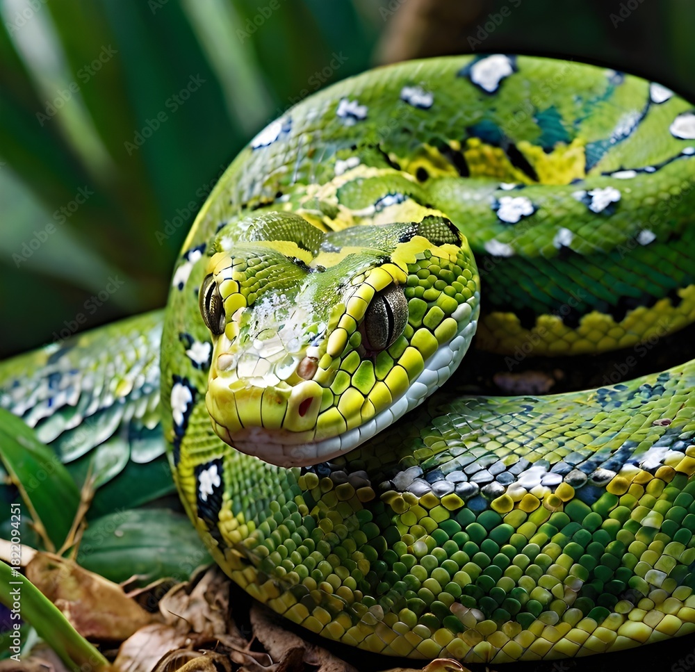 Fototapeta premium Emerald Tree Snake Close-Up in Soft Natural Light